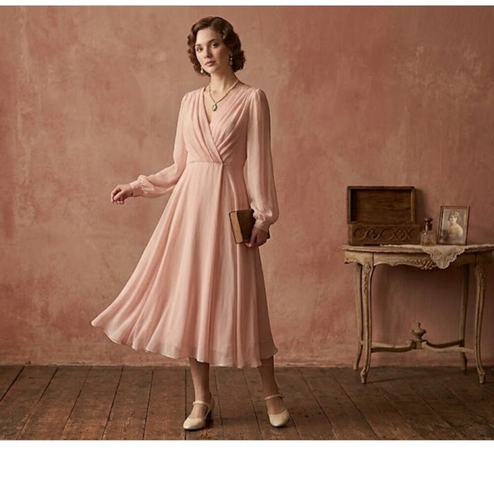 Miss Elliette Vintage 1990s Puff Sleeve Faux Wrap Pleated Dress Pink Medium